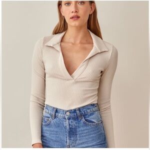 Reformation Cream Hailey Ribbed V-Neck bodysuit